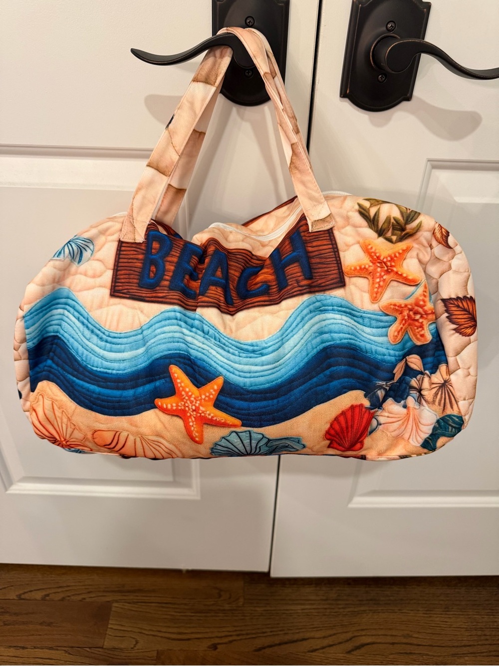 NWOT Beach Tote Bag with Starfish Design - Blue & Peach